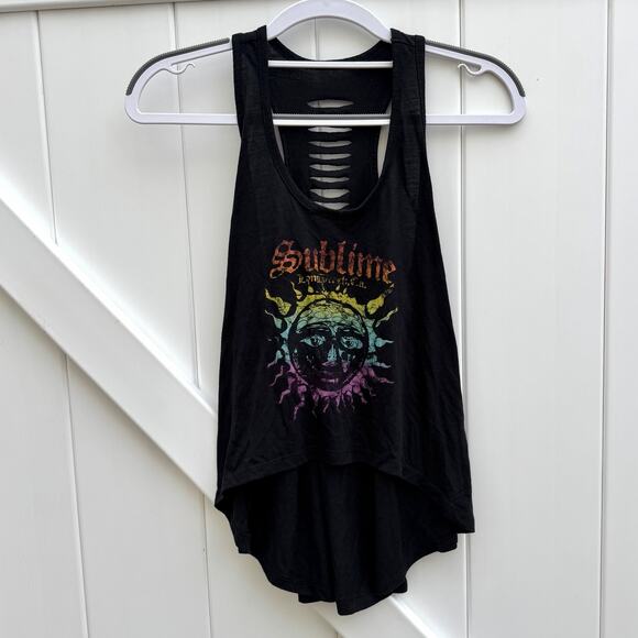 Sublime Live Nation Sun Logo Black Tank Crop Official Small Ladder Cut Distress - Picture 1 of 6